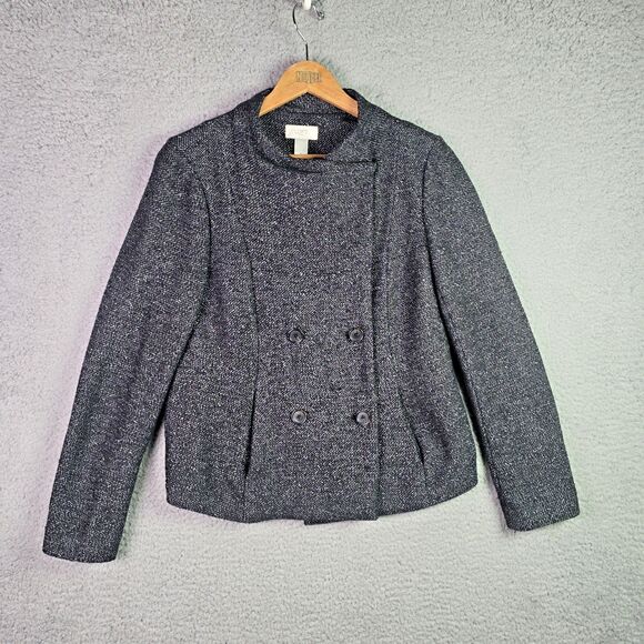 Loft Tweed Double Breasted Gray Crop Jacket Blazer Medium Trendy Structured - Picture 4 of 15